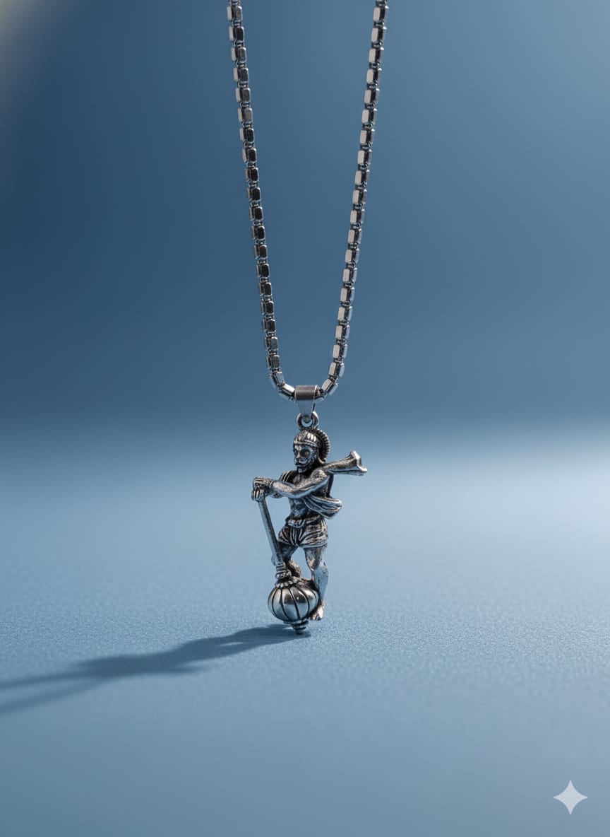 हनुमान जी Silver Pendant with Chain | Hanuman Locket Necklace